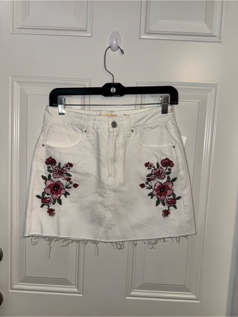 PacSun White Denim Mini Skirt with Pink Floral Embroidery